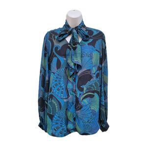 Chico’s Peacock Print Tie Neck Button Up Blouse Top Sz L